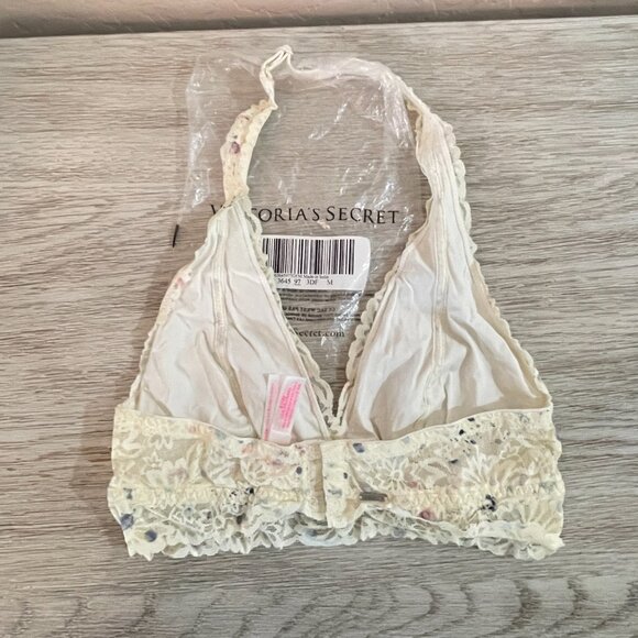 New Victoria's Secret Halter Bra Bralette Medium Ivory Lace Pink Blue Dot NWT - Picture 2 of 9